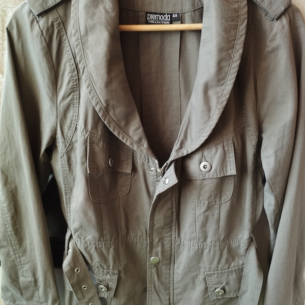 Vintage Womens Trench/Spring Summer  Khaki Green Cotton Jacket/Zipper/Pushbuttons/Pockets/Belt/Collared/Size L