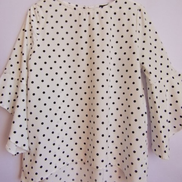 vintage Chemisier pour femmes / Blanc Noir Pois Dot Blouse / Chemisier élégant / Dos plus long / 3/4 Manches étendues / Taille M