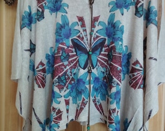 Vintage Womens Blouse/Kimono Blouse/Brown Blue Summer Tunic/Party Blouse/Size M/L