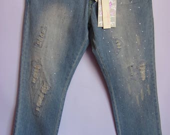 Pantalon femme vintage/ Pantalon en denim bleu/Pantalon brodé avec perles/Avec poches/ Fermeture éclair/Taille M