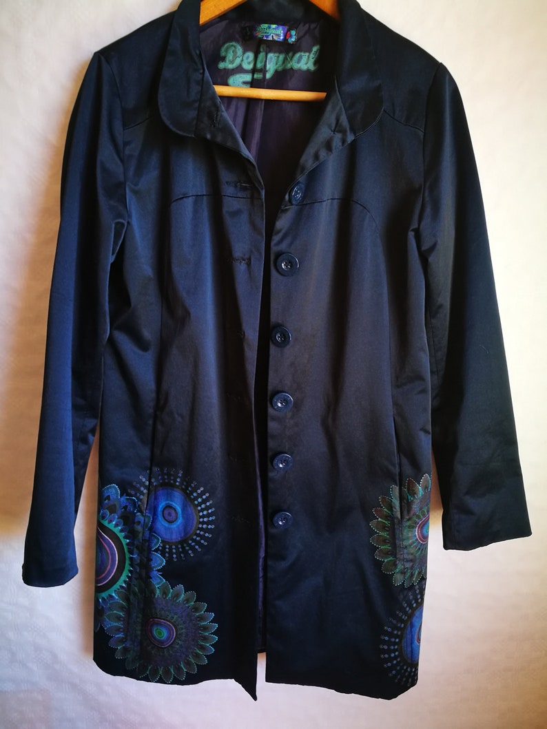 Vintage Womens CoatDESIGUAL TrenchDark Blue Spring CoatAbstract PrintLong SleeveButton UpPocketsliningSize M