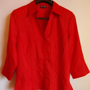 Blusa feminina vintage vermelha brilhante blusa de verão blusa brilhante decote em v manga 3/4 botões blusa elegante tamanho M