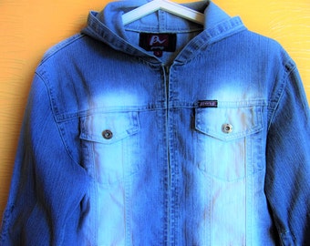 Vintage Denim Jacket/ Women Jacket/ Blue White Color/ Short Jacket / With Hood/ Zipper/  Long Sleeve/  Country Western Style Size M