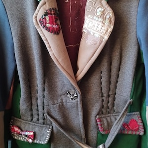 Vintage Girls Jacket/Gray Green Blue Purple Jacket/Embroidered Cotton Jacket/Collared/Long Sleeve/Pockets/Tied Jacket