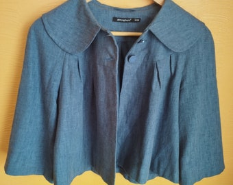 Vinyage Womens Blazer/Summer Blue Linen Viscose Jacket/3/4 Sleeve/Kimono Blazer/Collared/Size M