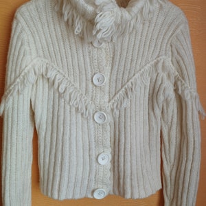 Vintage Womens Cardigan/White Knitted Cardigan/Short Cardigan/Collared/Button Up/Long Sleeve/Size L