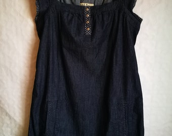 Vintage Dress/Womens Denim Dress/Blue Denim Sarafan/Pockets/Tied Sleeveless Dress/Pushbuttons/Size M