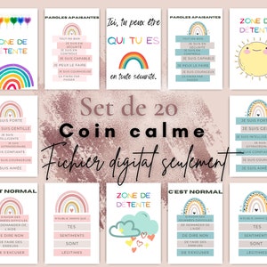 French calming corner Relaxation area 20 poster set Montessori Emotions chart Coping strategies for kids positive affirmations visual tools