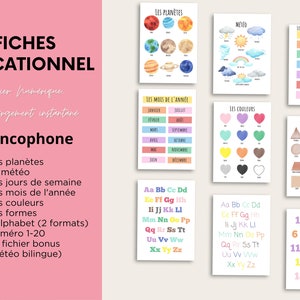 French educational posters bundle Solar system Colorful Days of week Months Colors Alphabet Numbers 1 to 20 shapes Boho Rainbow Theme