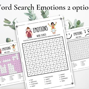 May include: Two printable word search puzzles with a pink and white grid and a black and white grid. The puzzles are titled "Emotions Word Search" and feature a list of emotions words to find, including sad, nervous, frustrated, angry, happy, bored, confused, excited, surprised, upset, scared, and tired.
