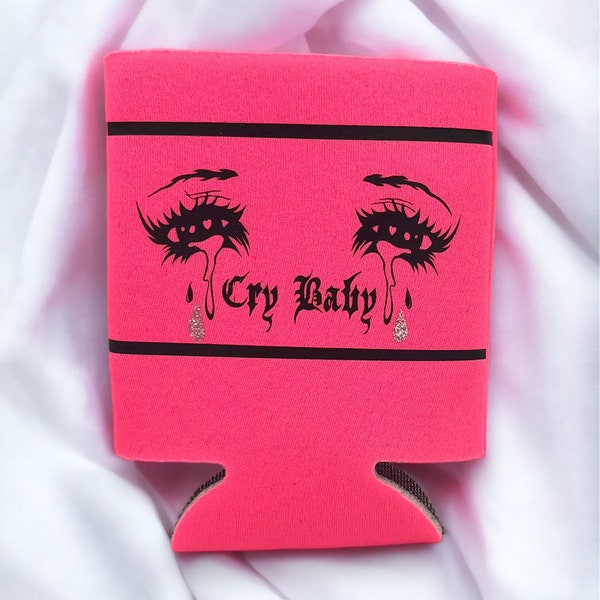 Cry Baby Glitter Tears Pink Can Cooler / Cozies Femme Fatale Feminist Queer Can Holder Metal Font