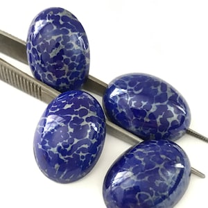 14 Vintage Blue Glass Oval Cabochons with Silver Foil // Blue Silver Foil Glass Cabochons