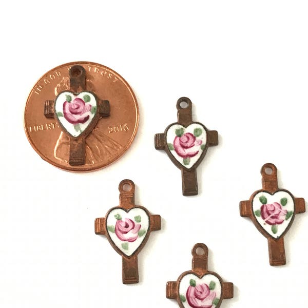 Antique French Enamel Cross with Rose Heart Enamel Center, Enamel on Copper, Antique French Findings