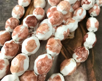Vintage West German White and Brown Organic Egg Shape Glass Beads
