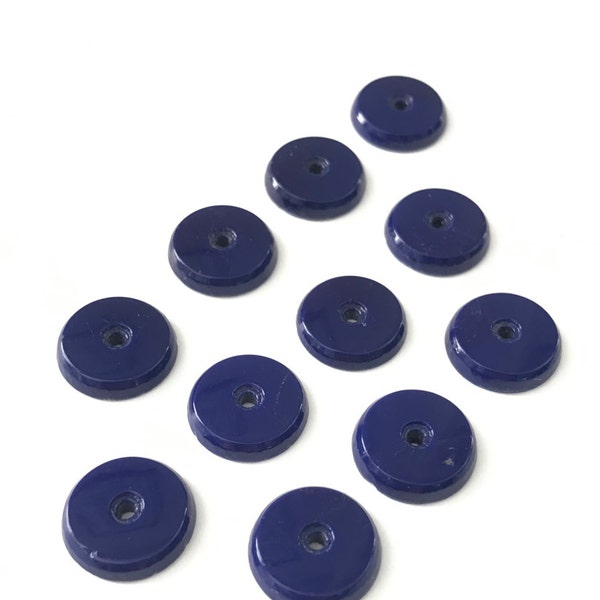 16 Vintage Lapis Blue Glass Round Cabochons with Center Hole 15mm