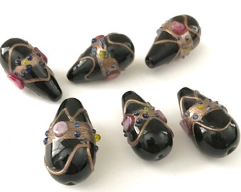 3 Vintage Venetian Murano Glass Wedding Cake Beads Aventurine Pink Flowers Circa