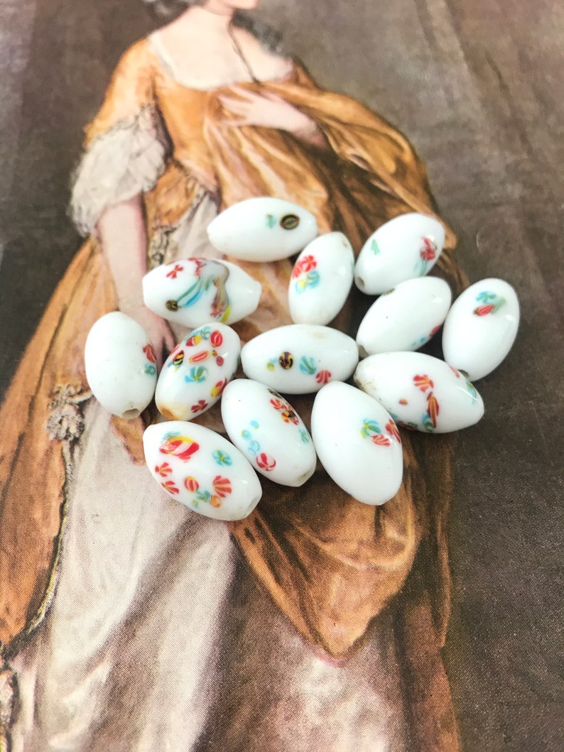 Vintage Czech Glass Beads Opaque White With Flowers 25 beads