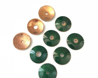 Antique Green Guilloche Enamel Bead Cap Finding, 18mm, Enamel on Copper, Antique French Findings