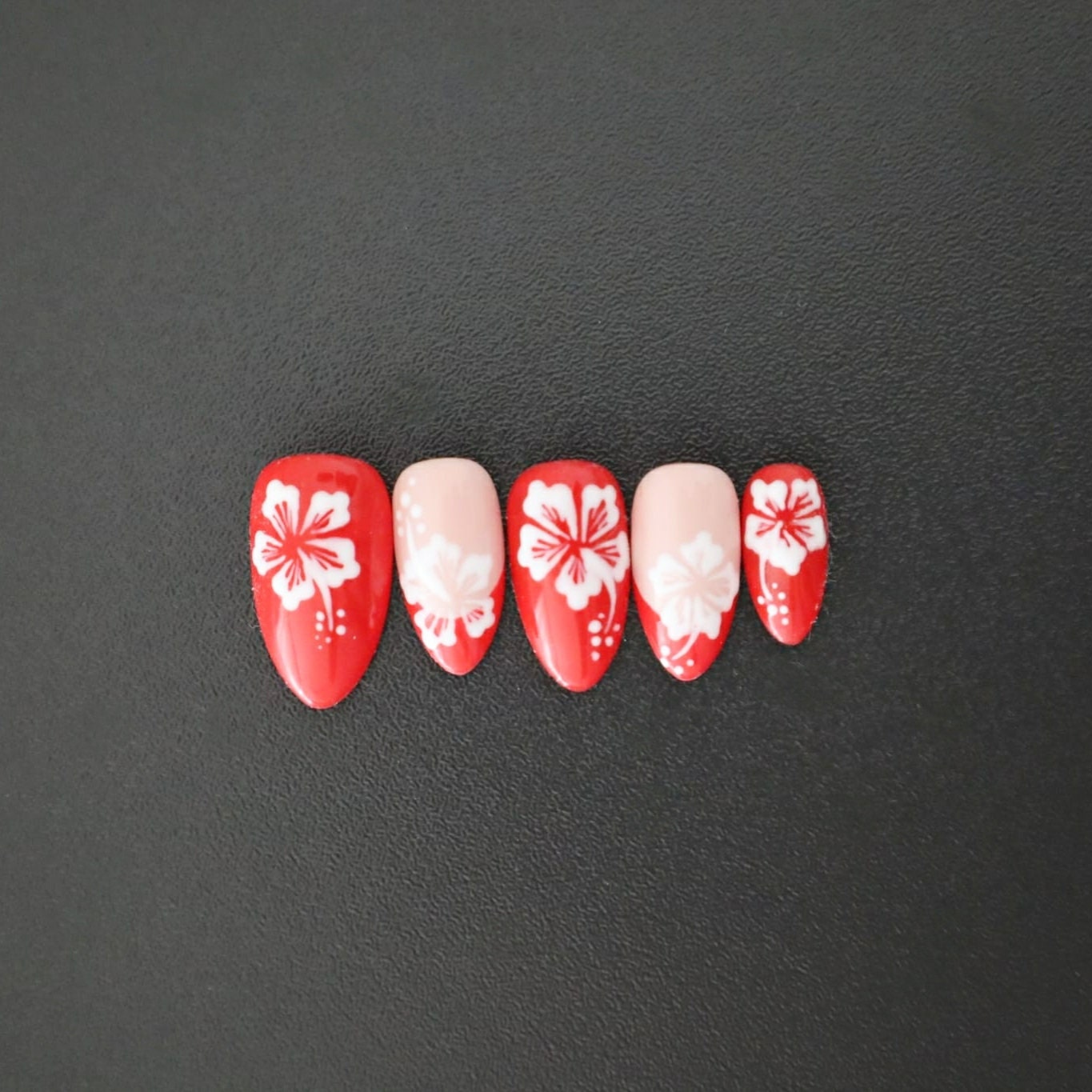 Press On Nails, Hibiscus, Hawaii, Vacation, Holiday, Beach, Red, White