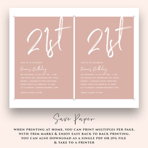 May include: A blush pink invitation with white text. The invitation is for Emma's 21st birthday party. The party will be held at the Beach Hut, Watergate Bay Hotel on Saturday, July 10th from 7pm to 11pm. Drinks and sharing plates will be provided. RSVP to Simon by June 10th. The invitation also includes the phone number 07710 000000 and email address SIMONS45@GMAIL.COM. The dress code is smart-casual attire.
