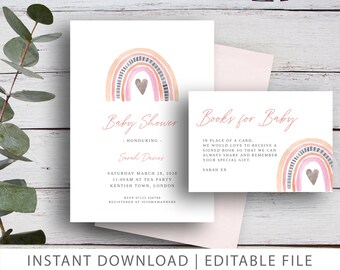 Baby Shower Invitation, Girl | Sherbet Rainbow Printable Baby Shower Invite | Editable Template Instant Download | Baby Shower Book Request