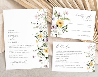 Boho Wildflower Wedding Invitation Suite | Watercolor Floral (Instant Download)