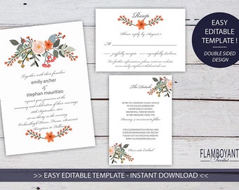 Hedgerow Autumn Wedding Invitation Suite Printable Template - Instant Download