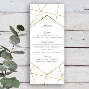 Facets Menu, Printable Menu, Editable Template, DIY Menu, Menu Printable, Gold Geometric Menu, White and Gold Menu, Instant Download Menu