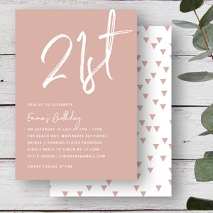 May include: A pink and white invitation card with the text "21st" in white script. The invitation is for Emma's birthday party on Saturday, July 10th at 7pm to 11pm at The Beach Hut, Watergate Bay Hotel. The invitation also includes the text "Drinks + Sharing Plates Provided" and "Smart-Casual Attire".