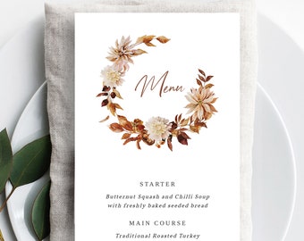 Thanksgiving Menu Template | Watercolor Fall Floral (Instant Download)