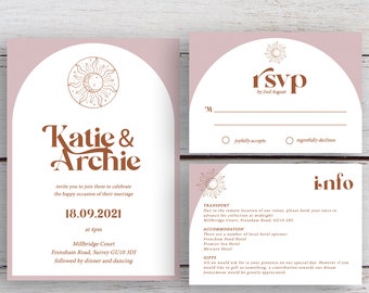 SKYE | Arched Wedding Invitation Template Suite, Terracotta Wedding Invitation Printable Set, Bohemian Wedding Invite, Sun Moon and Stars