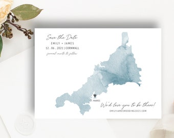 Cornwall Wedding Save the Date Template | Watercolor Map (Instant Download)