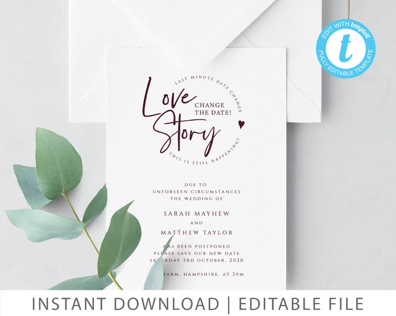 Change the Date Card Wedding Date Change Wedding Postponement Change Our Date Love Story Template CHANGE THE DATE Instant Download
