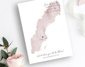 Sweden Map Save the Date | Watercolor Destination Wedding (Digital Download)