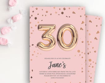 Rose Gold 30th Birthday Invitation | Glitter Confetti (Editable Template)