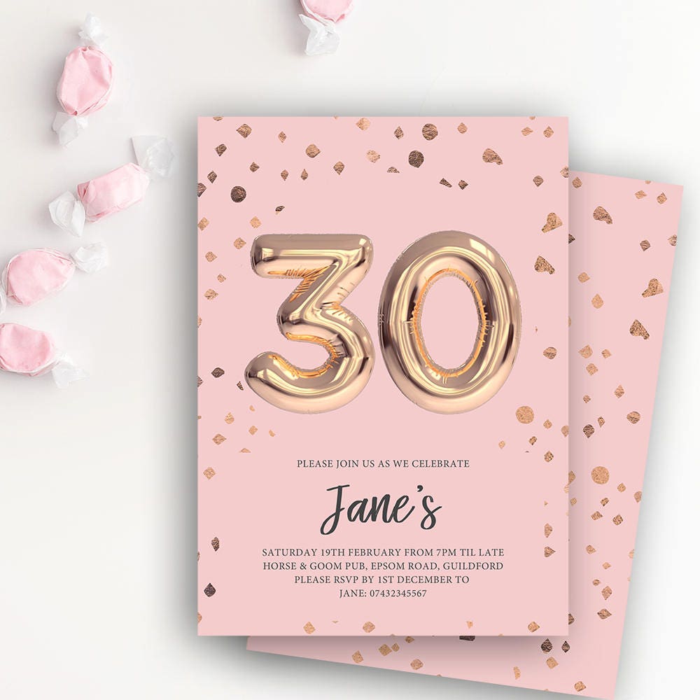 30th birthday printable rose gold balloon invitation pink