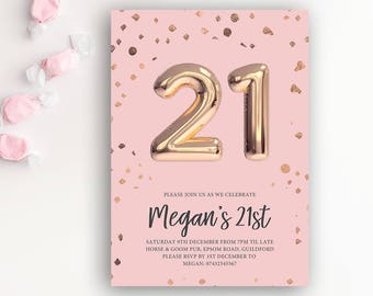 21st Birthday Printable Invitation, Rose Gold Balloon - Instant Download