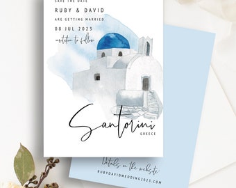 Santorini Wedding Save the Date Template | Watercolor, Whimsical (Instant Download)