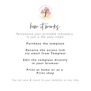 May include: A graphic with the text "how it works" and a list of steps for personalizing printable stationery. The steps include purchasing a template, receiving an access link via email, editing the template directly in a browser, and printing at home or at a print shop. The graphic also includes a logo with the text "Flamboyant Invites Occasion Paperie".