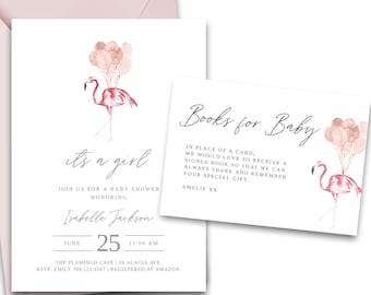 Flamingo Baby Shower Invitation | Girl, Book Request (Editable Template, Instant Download)