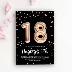 18th Birthday, Printable Invitation, Rose Gold Balloon - Instant Download