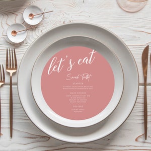 Let's Eat Menu Card Template, Round Wedding Menu, Round Menu Cards, Minimal Wedding Menu, Modern Wedding, Round Pink Menu, Instant Download