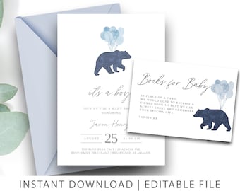 Boy Baby Shower Invitation | Editable Template Instant Download | Its a Boy Baby Shower Invite | Blue Bear Baby Shower Invite