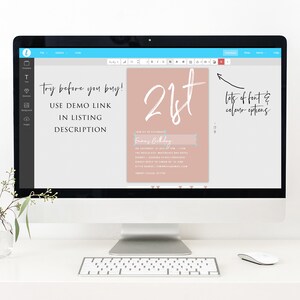 May include: A pink and white 21st birthday party invitation with a handwritten font. The invitation includes the text "Join us to celebrate Emma's Birthday" and details about the event. The invitation is displayed on a computer screen.