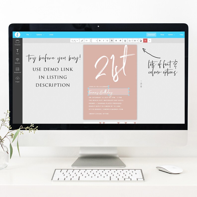 May include: A pink and white 21st birthday party invitation with a handwritten font. The invitation includes the text "Join us to celebrate Emma's Birthday" and details about the event. The invitation is displayed on a computer screen.