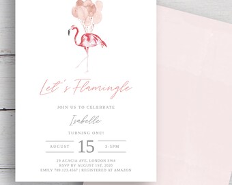 Flamingo First Birthday Invitation, Pink Flamingle, Editable Template (Download)