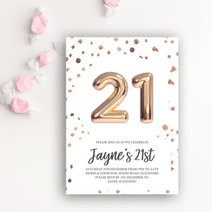 Printable 21st Birthday, Printable Invitation template, Rose Gold Balloon - Instant Download
