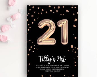 Rose Gold 21st Birthday Invitation, Black Balloons (Editable Template)