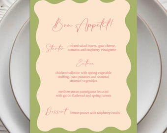 Scalloped Wedding Menu Template: Minimalist Green & Pink (Instant Download)