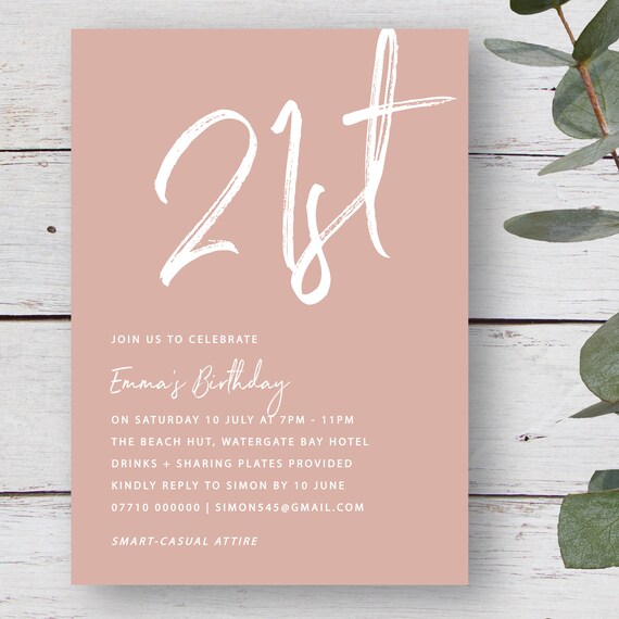 TIA Modern Elegant 21st Birthday Invite | Instant Download | Minimalist 21st Invites Female | Simple 21st Invitation for Women | Pink